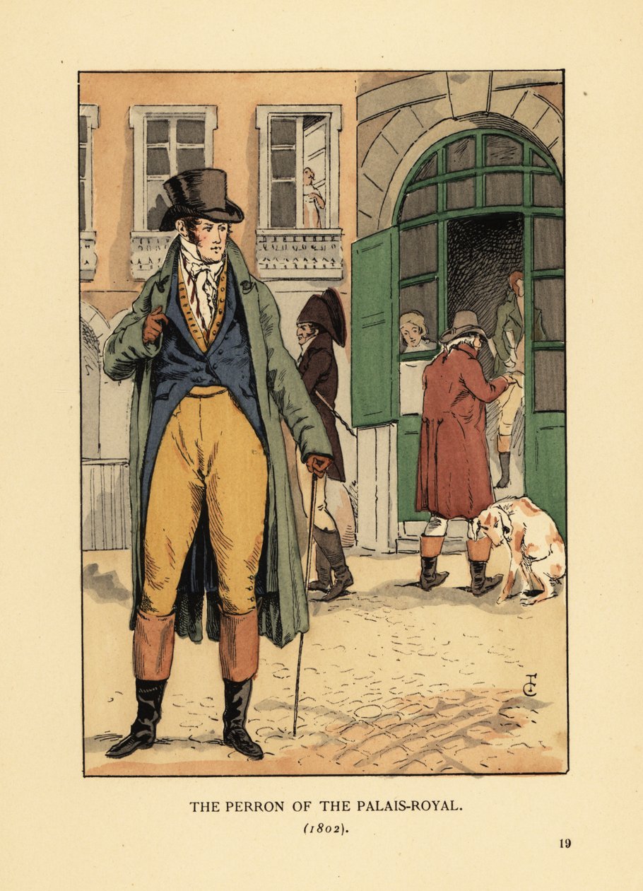 Módní gentleman před vchodem do Passage du Perron, Palais Royal. Nosí klobouk, nákrčník, kabát, vestu, kalhoty a boty. Perron z královského paláce v Paříži od François Courboin