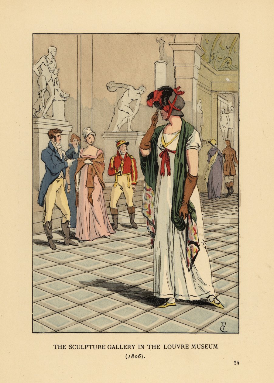 Módní žena v galerii soch v muzeu Louvre od François Courboin