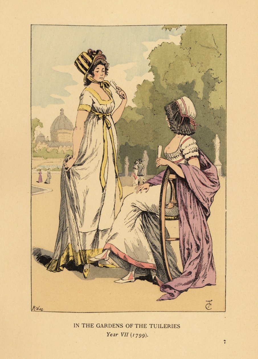 Dvě módní ženy v zahradách Tuileries, Jardins des Tuileries, Paříž, ročník VII od François Courboin
