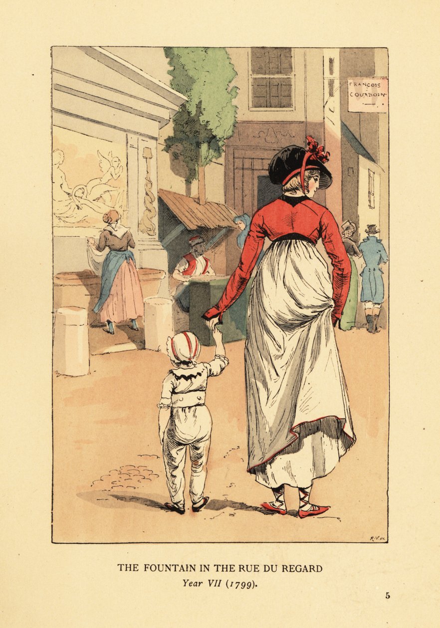 Žena a dítě před fontánou Leda, Fontaine de Leda, v Rue du Regard, Paříž, rok VII od François Courboin