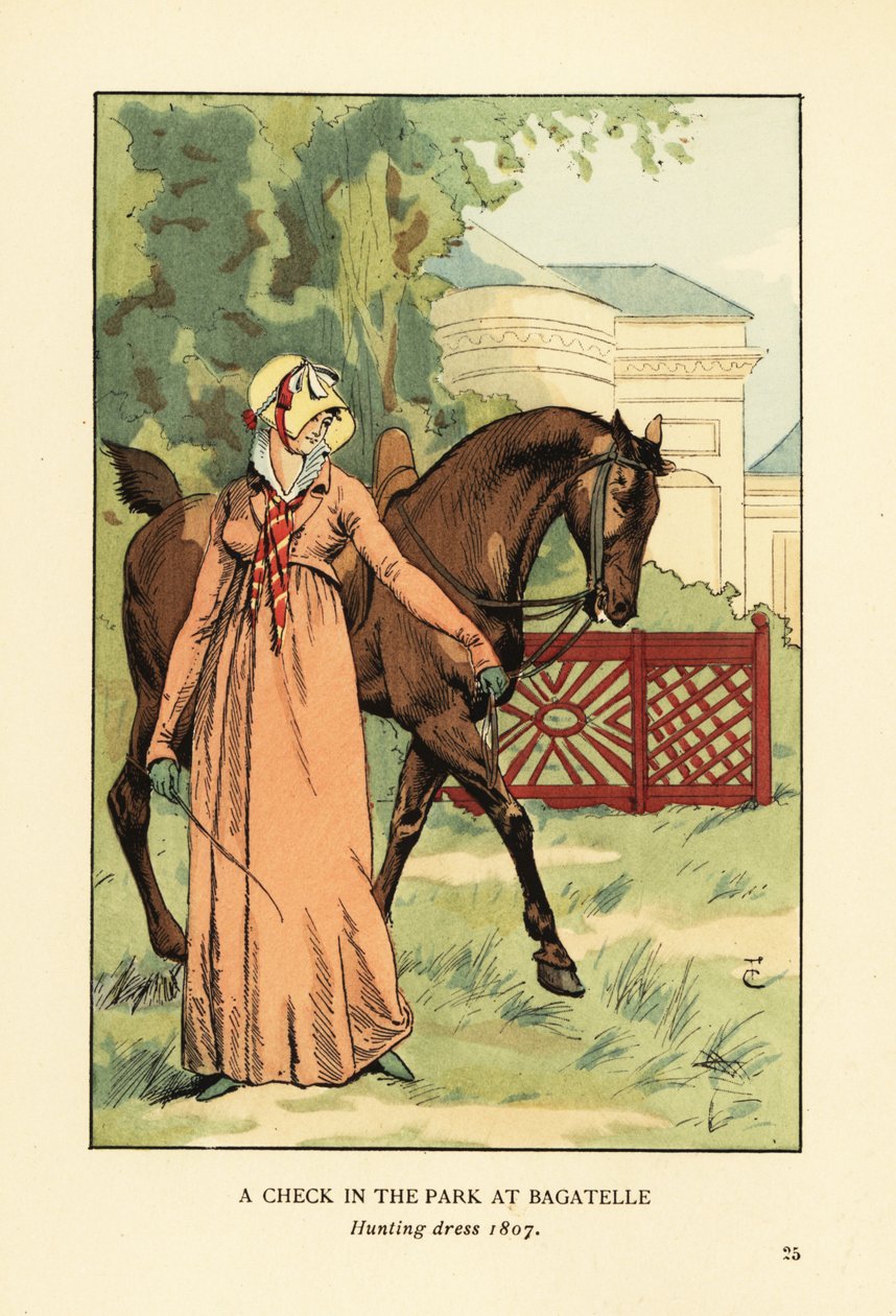 Žena v loveckých šatech, čepici a šátku vedoucí koně v Parc de Bagatelle, Bois de Boulogne, Paříž od François Courboin