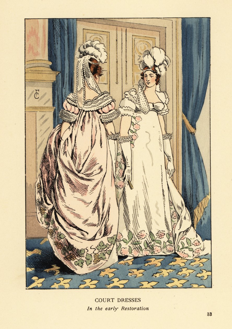 Ženy v péřových čelenkách a luxusních vyšívaných šatech, dvůr krále Ludvíka XVIII., cca 1817. Interiér s modrými závěsy a kobercem fleur de lys. Dvorní šaty na počátku restaurování v Paříži. Ručně kolorovaná litografie R.V. po ilustraci od François Courboin