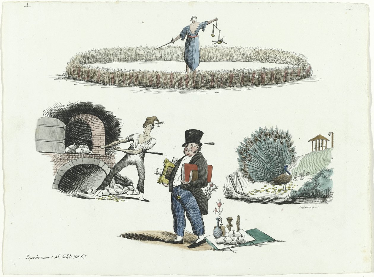 Karikatura na J.C. Backer, C. Seyn a S. van der Paauw, 1839 od François Desterbecq