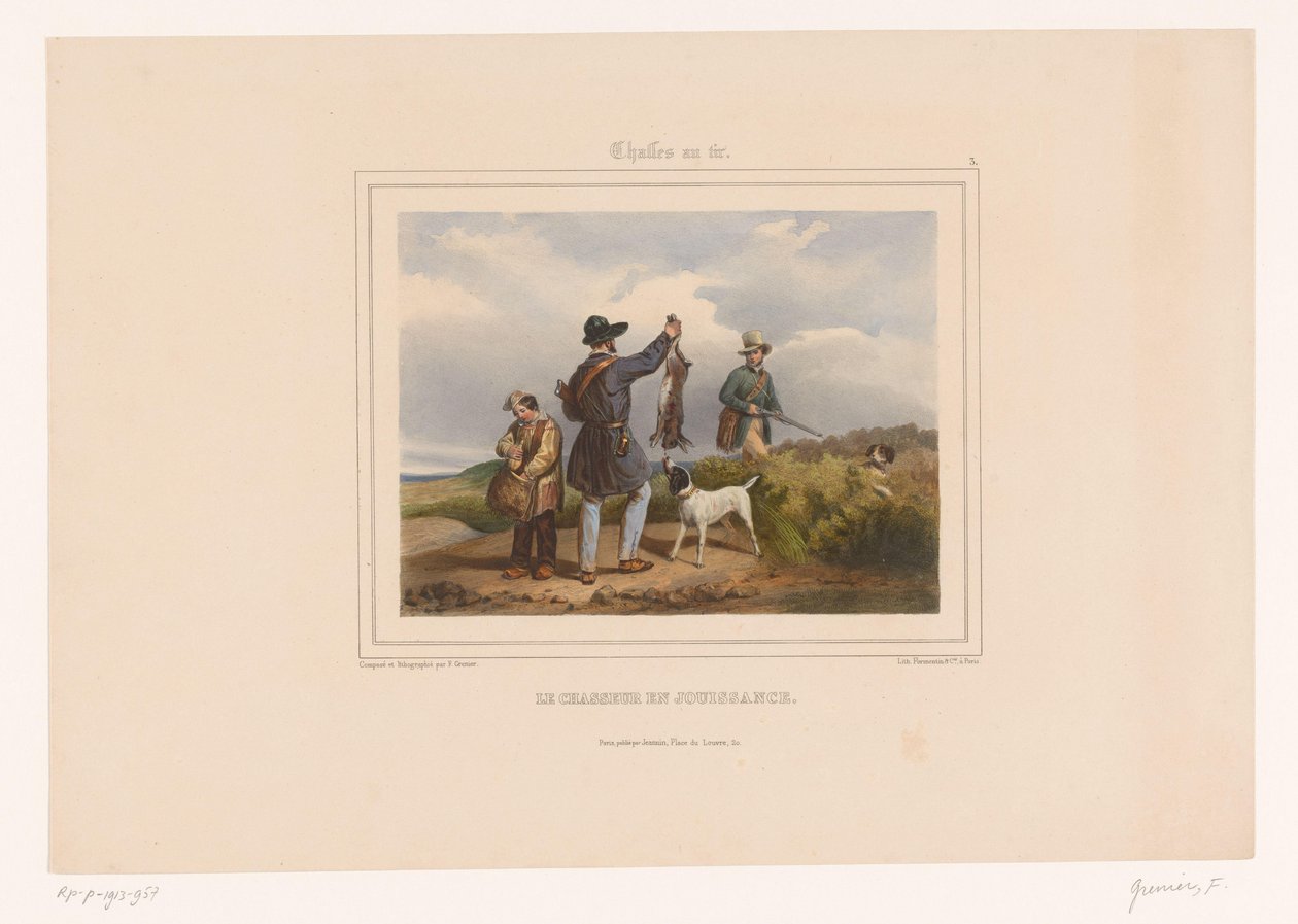 Lovec ukazuje jinému lovci svého zastřeleného zajíce Le chasseur en jouissance (titul na předmětu) Lovci se zbraněmi (název série) Chasses au Tir (název série na objektu) od François Grenier