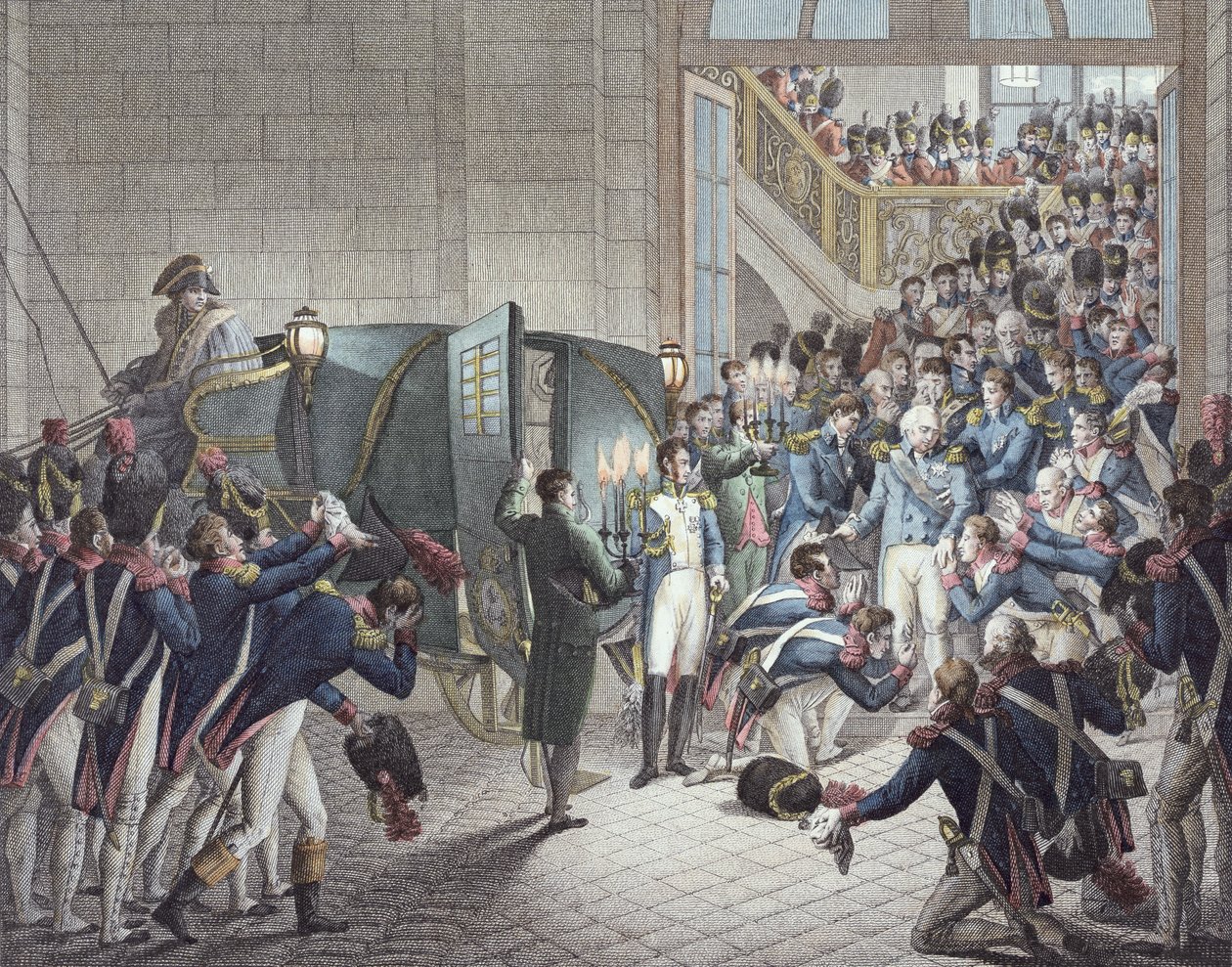 Odjezd Ludvíka XVIII. (1755-1824) krále Francie a Navarry z Les Tuileries, 19. března 1815 (barevná rytina) od François Joseph Heim