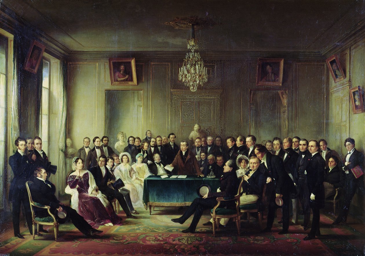 Francois Andrieux (1759-1833) čte svou tragédii „Junius Brutus“ ve foyer Comedie Francaise, 26. května 1828, 1847 (viz také 216914) od François Joseph Heim