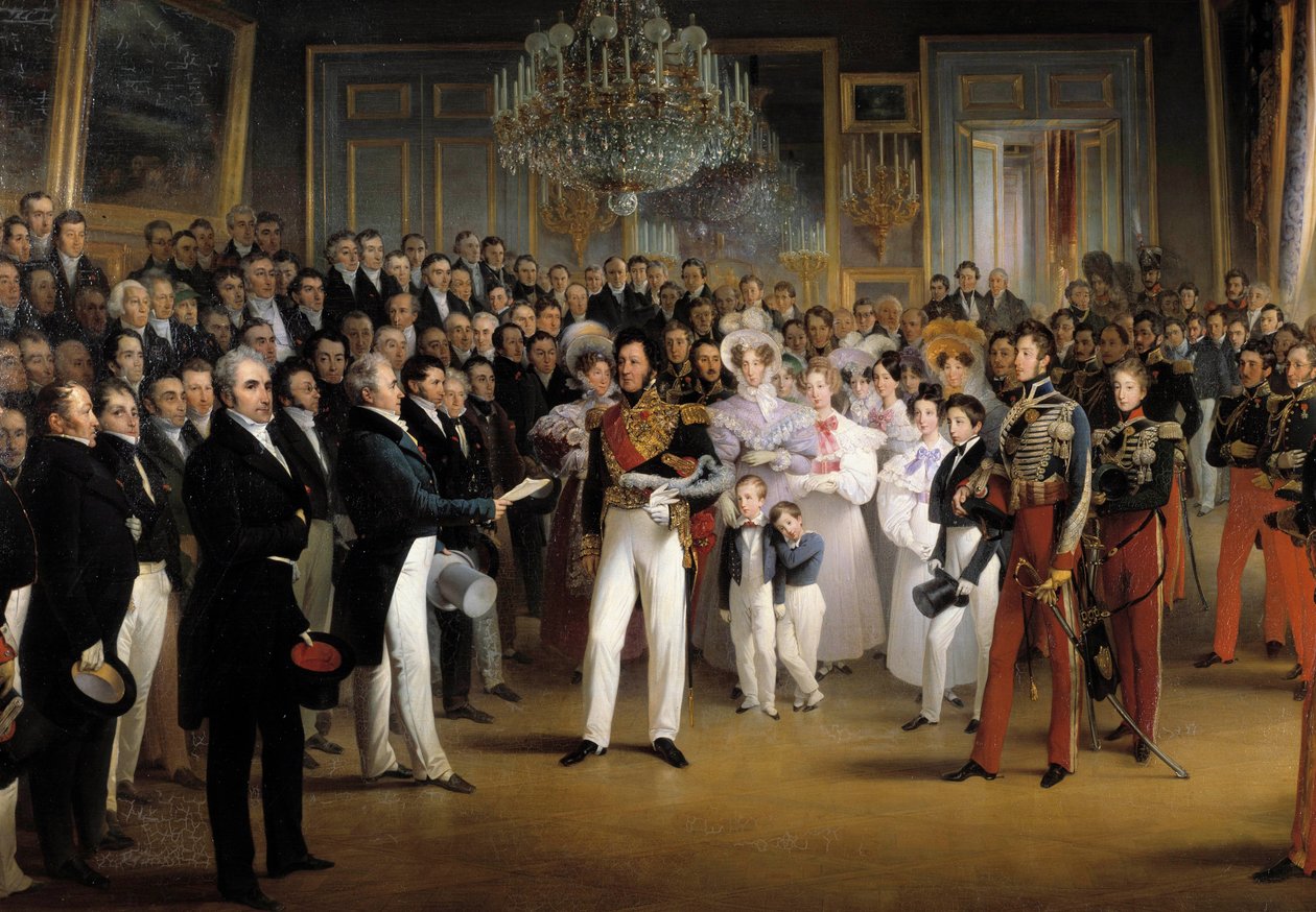 Revoluce z roku 1830: „“ Poslanecká sněmovna předkládá vévodovi z Orleansu Ludvíku Filipovi I. (1773-1850), akt, který ho povolává na trůn, a Listinu z roku 1830 v královském paláci dne 7.8. 1830”” Detail. Obraz Francoise Josepha Heima (1787-18 od François Joseph Heim