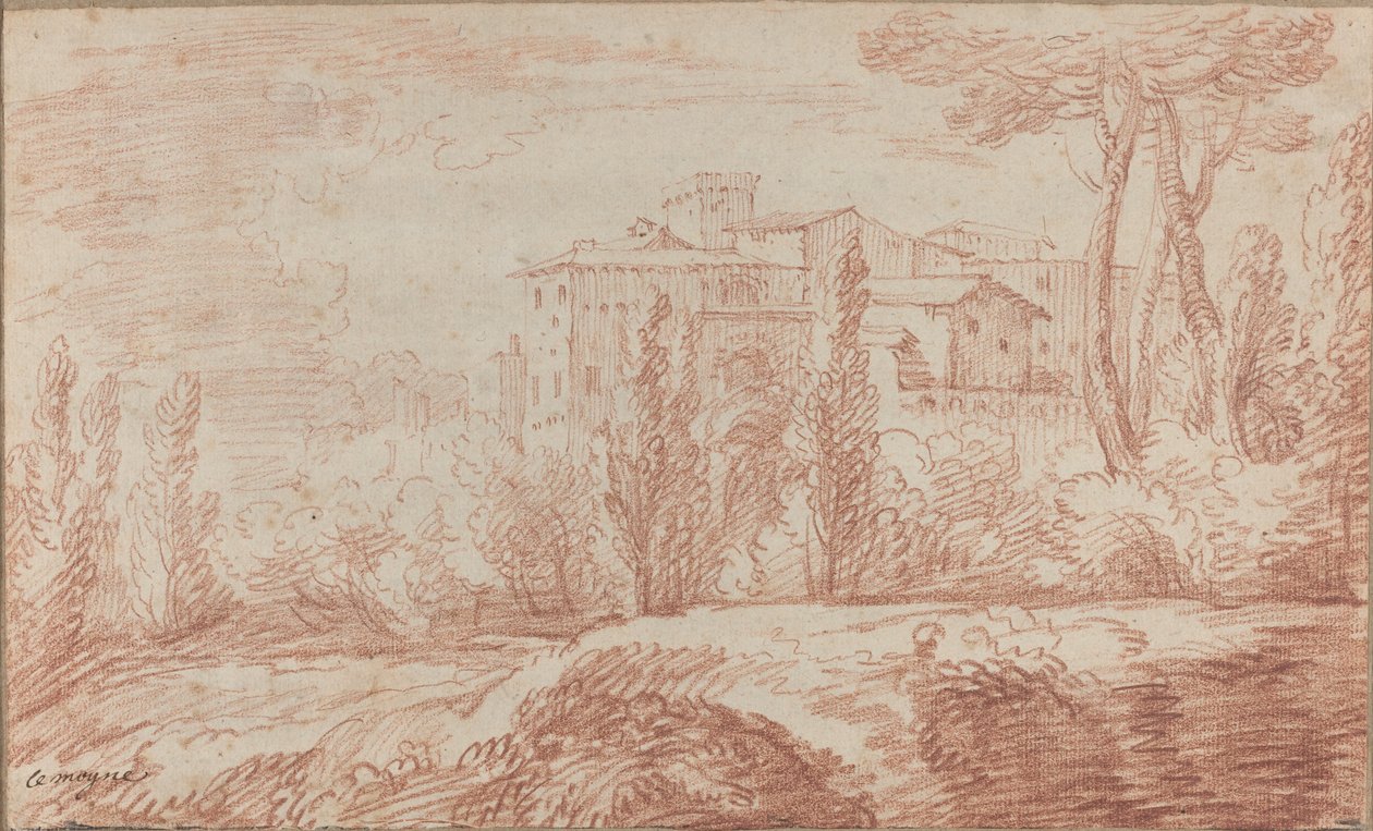 Italské opevněné město viděné skrz stromy od François Le Moyne