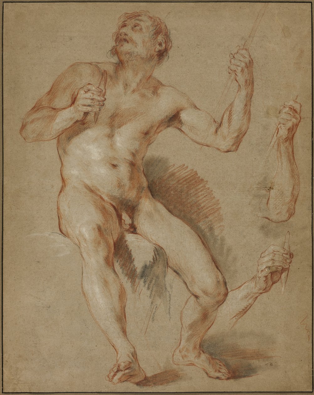 Herkules sedí, studuj Herkula a Omphala od François Le Moyne