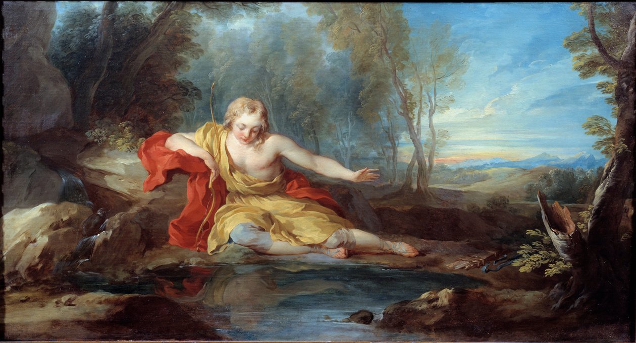 Narcisse uvažuje o svém odrazu (Narciso) Obraz Francoise le Moyna (1688-1737) 18. stol. od François Lemoyne