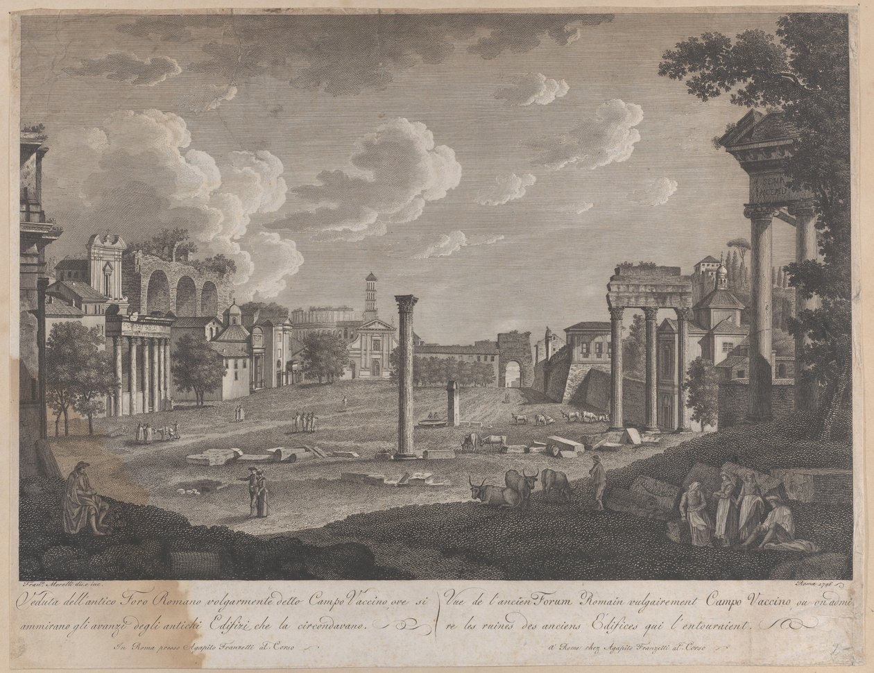 Pohled na Campo Vaccino, s Koloseem v pozadí a ruinami chrámu..., 1796. od François Morel
