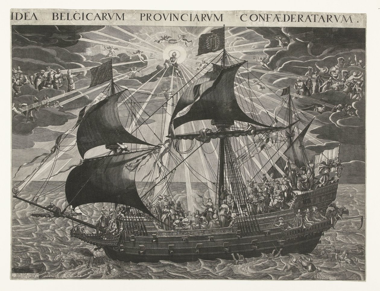 The Ship of State, 1620 Alegorie šťastného stavu země po synodě v Dordrechtu Idea Belgicarum Provinciarum Confaederatarum (název na objektu) od François Schillemans