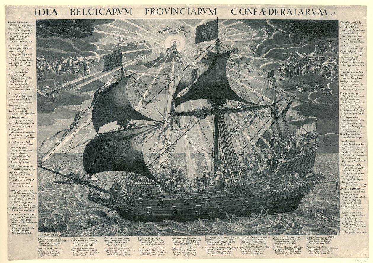 The Ship of State, 1620 Alegorie šťastného stavu země po synodě v Dordrechtu Idea Belgicarum Provinciarum Confaederatarum (název na objektu) od François Schillemans