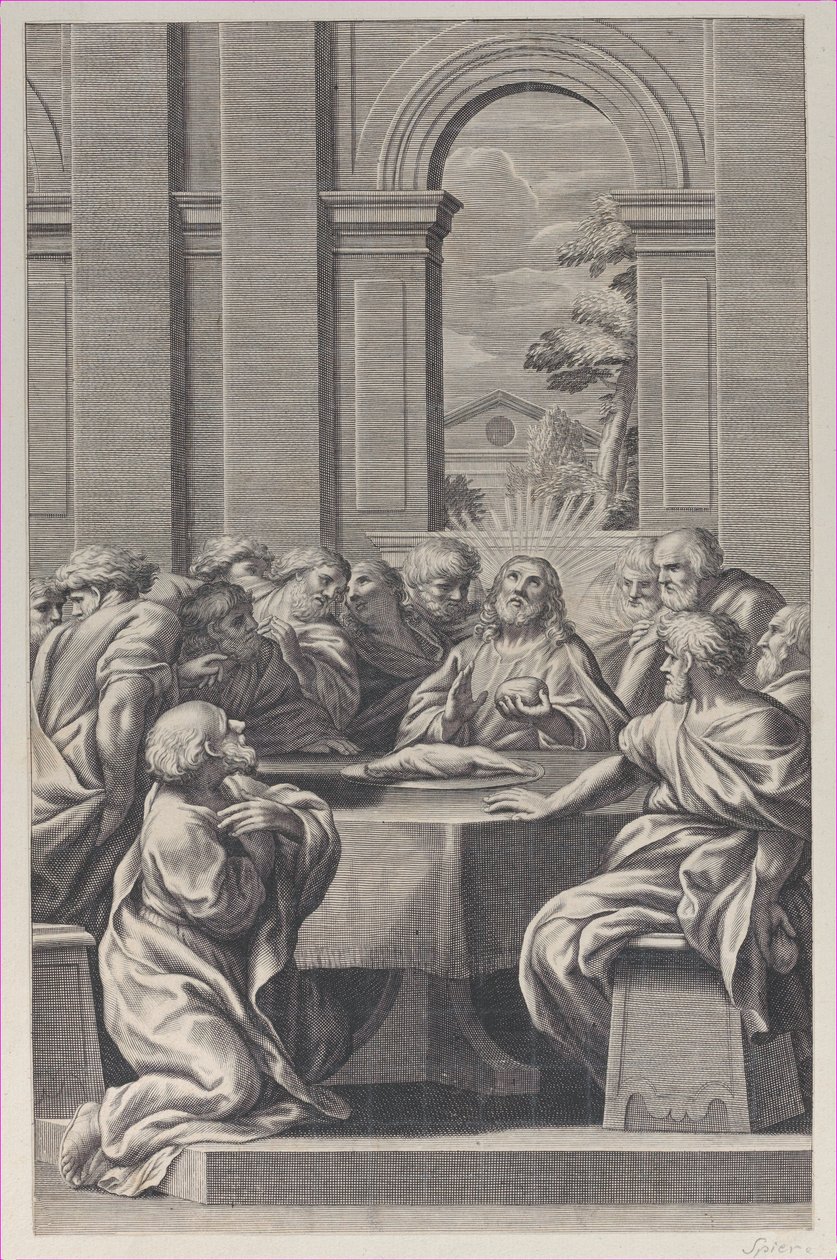 Poslední večeře, interiér klasicistní budovy s Kristem a sídlem jeho apoštolů..., 1660-81. od François Spierre