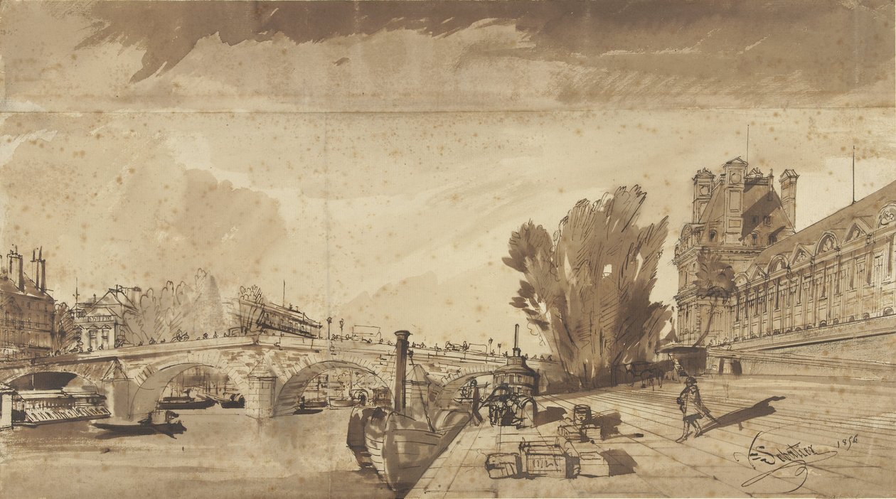 Seina a Pont Royal; vpravo Pavillon de Flore a křídlo Louvru od François Victor Sabatier