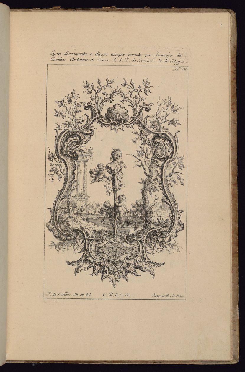 Kartuše s ženským poprsím, Livre d’ornements (kniha ozdob) od François de Cuvilliés the Elder