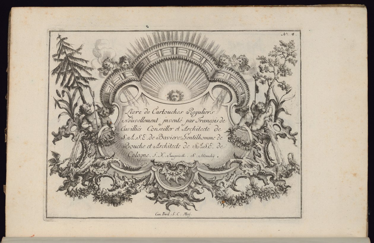 Kartuše se sluncem a čtyřmi větry, Livre de Cartouches Reguliers (Kniha pravidelných kartuší) od François de Cuvilliés the Elder