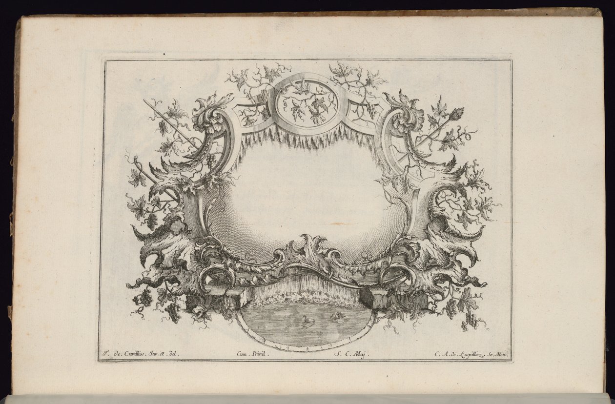 Kartuše s vinnými listy a hrozny, Livre de Cartouches Reguliers (Kniha pravidelných kartuší) od François de Cuvilliés the Elder