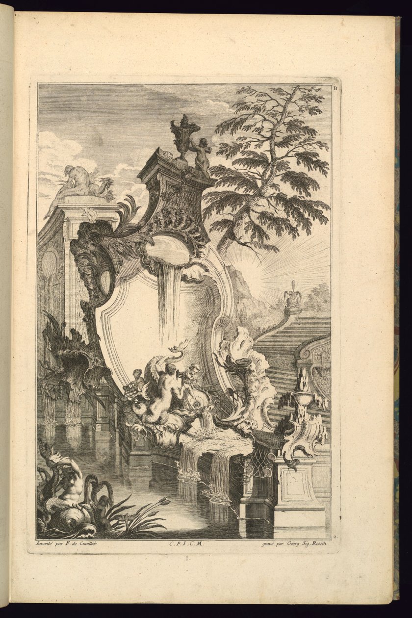 Design pro fontánu s puttem na koni delfína od François de Cuvilliés the Elder