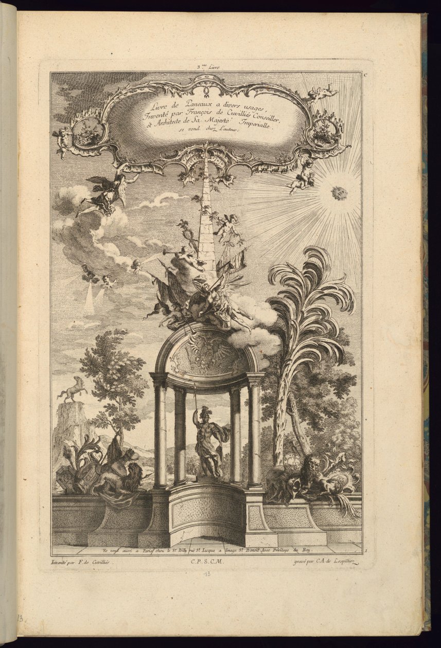 Design pro panely s Tempietto s Minervou, korunovaný obeliskem a vítězstvím od François de Cuvilliés the Elder