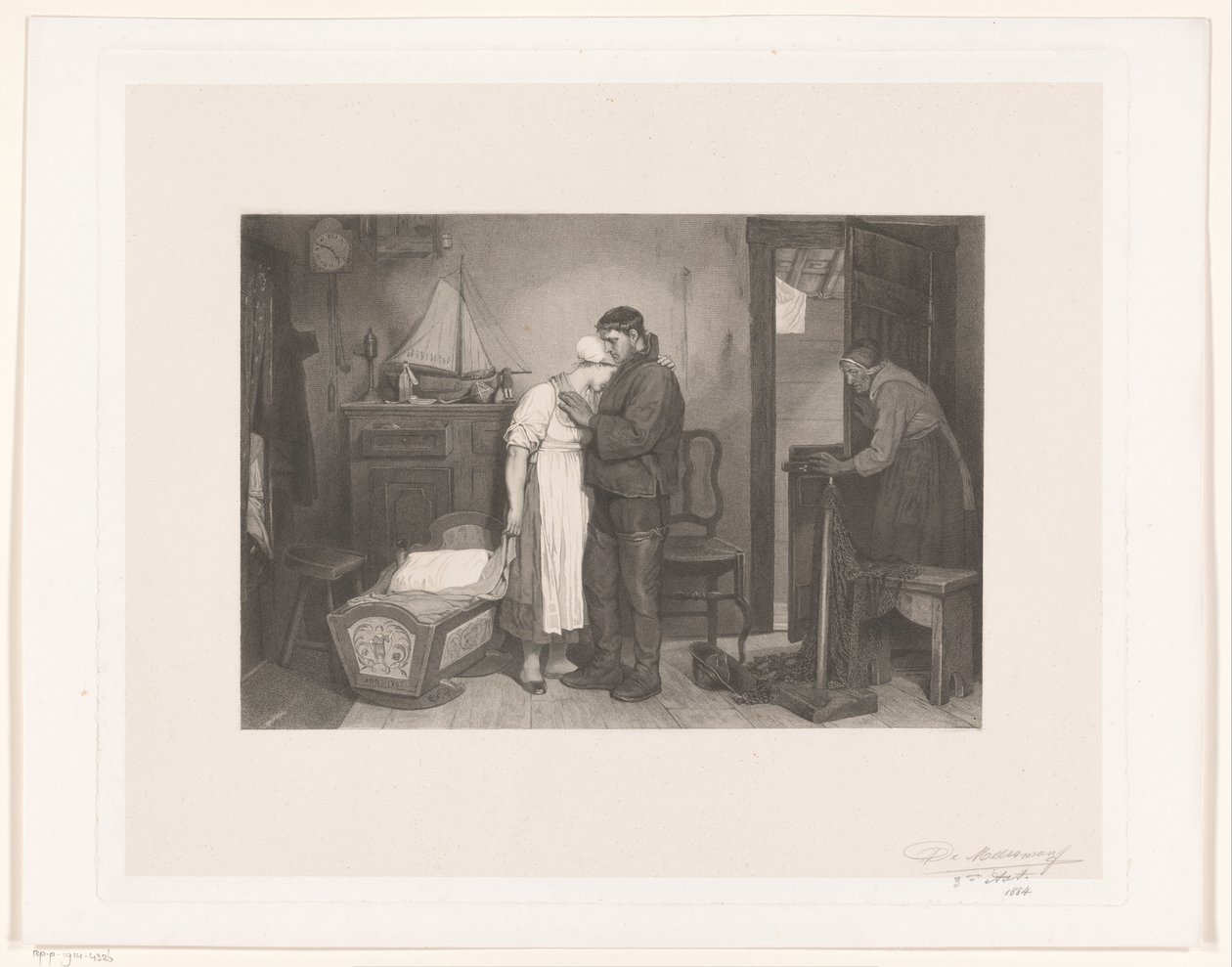 Visser interiér s truchlící pár u prázdné postýlky od François de Meersman (signed by artist)