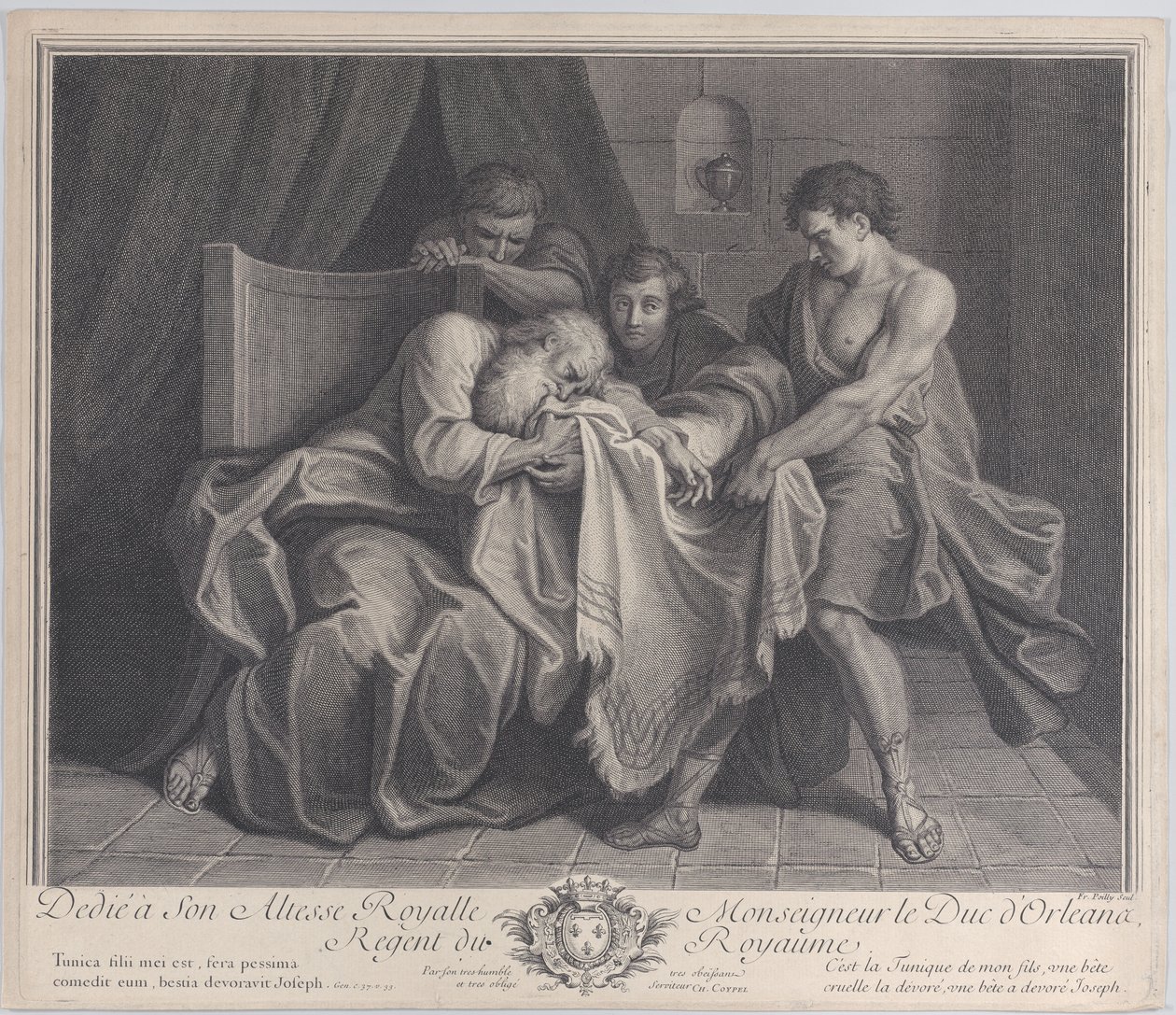 Jacob pláče do roucha svého syna, zatímco ostatní synové ho od něj stahují, 1724. od François de Poilly