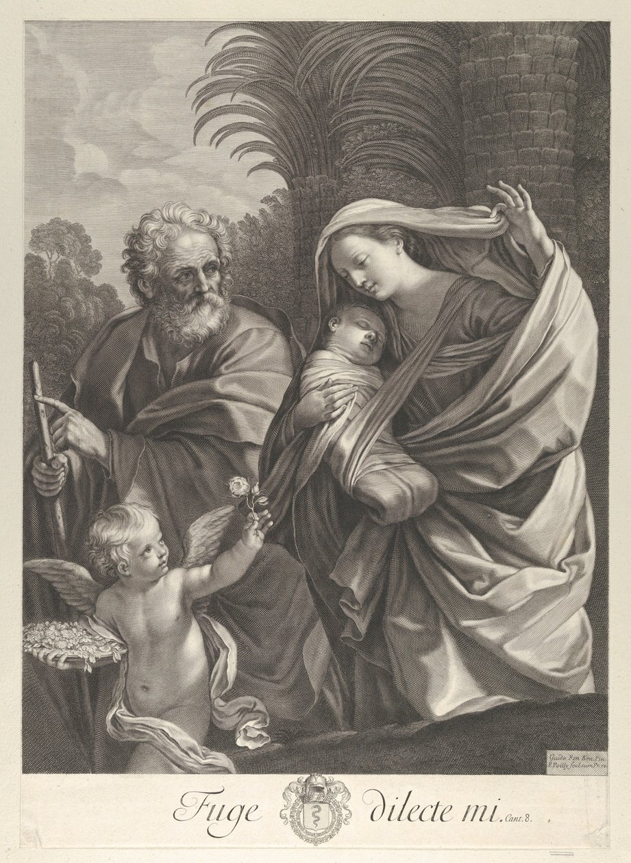 Útěk do Egypta, Svatá rodina kráčí společně, svatý Josef ukazuje na t..., ca. 1648-81. od François de Poilly