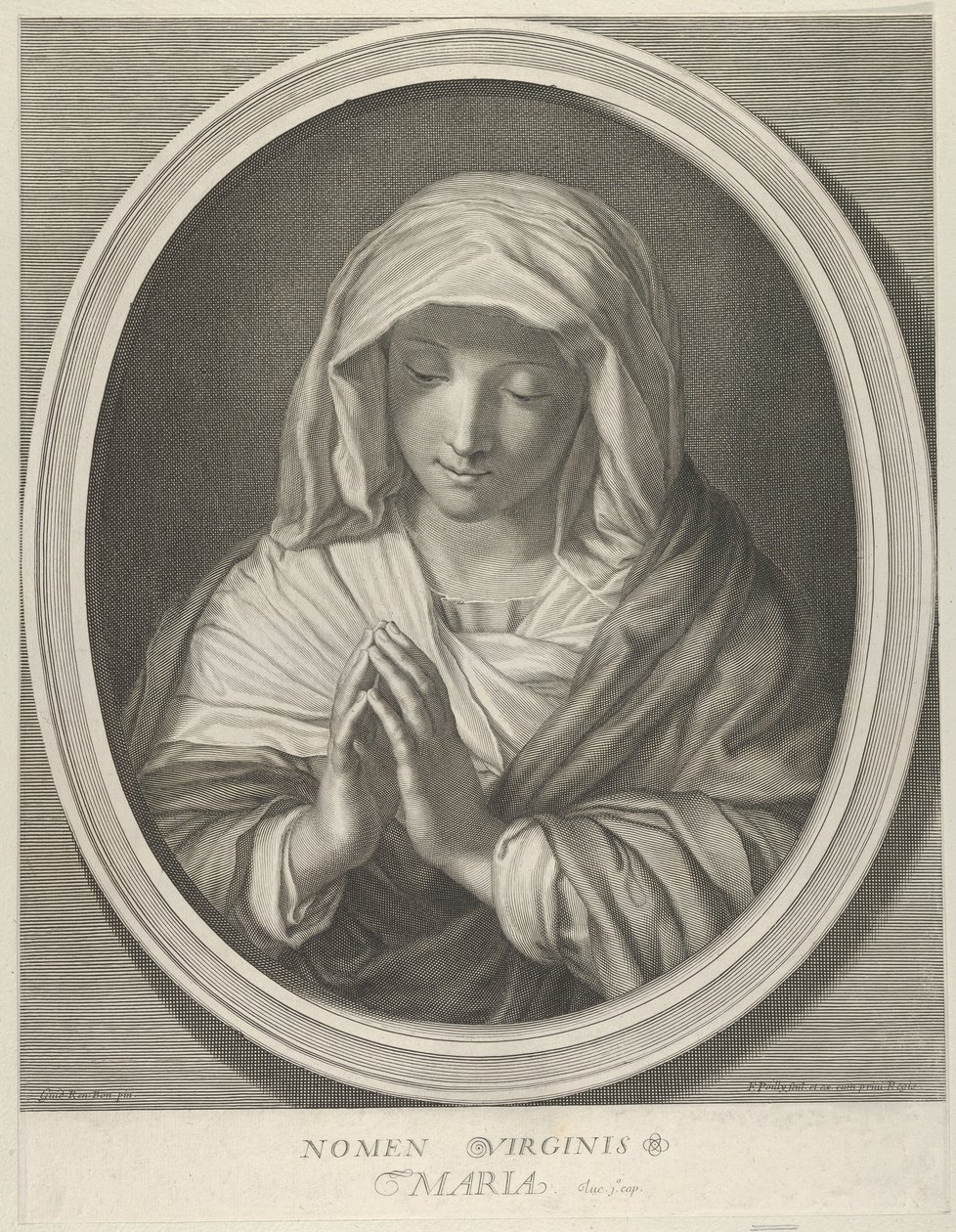 Panna v modlitbě shlíží, v oválném rámu, po Reni, 1640-93. od François de Poilly