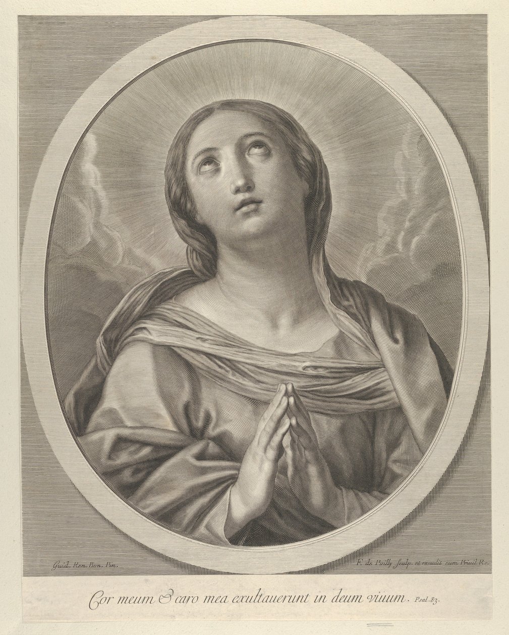 Panna v modlitbě, vzhlíží s mraky za sebou, v oválném rámu, po Reni, ..., 1648-81. od François de Poilly