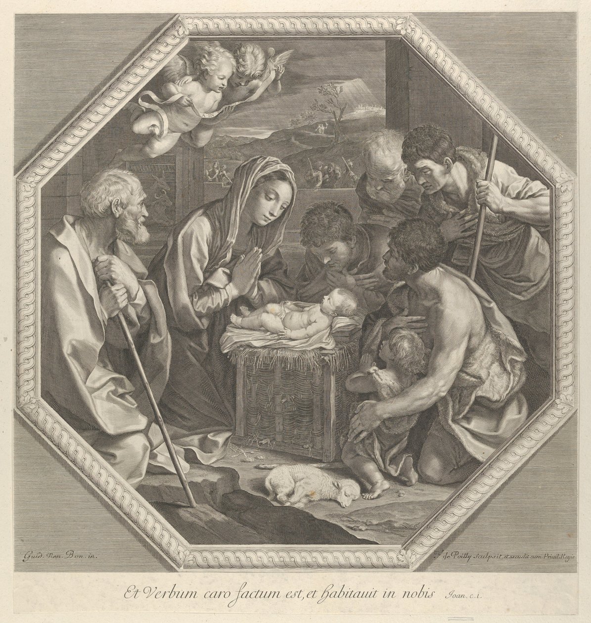 Klanění pastýřů, kteří spolu klečí přímo před dítětem Kristem..., ca. 1655-93. od François de Poilly