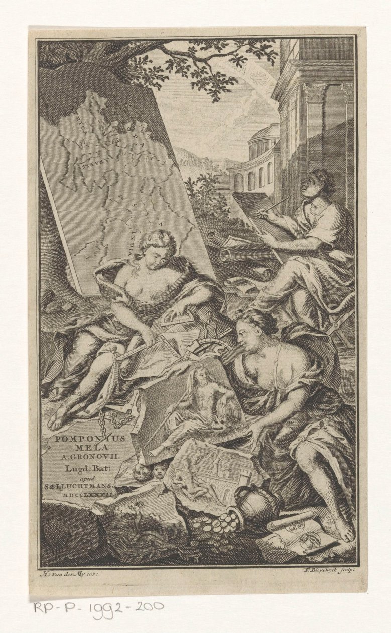 Alegorie op de meetkunde Název stránky: Pomponius Mela a Abraham Gronovius, Pomponii Melae de situ orbis libri III, 1782 od François van Bleyswijck
