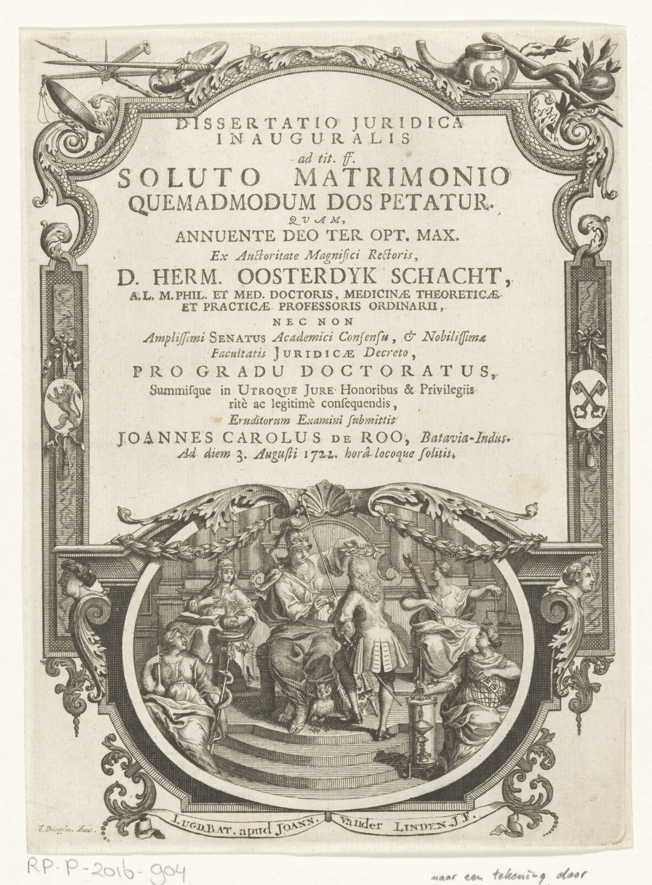 Minerva lauwert schrijver Titulní stránka: Johannes Carolus de Roo, Dissertatio juridica inauguralis, ad tit. ff. po rozpuštěném manželství, jak se žádá o věno, 1722 od François van Bleyswijck