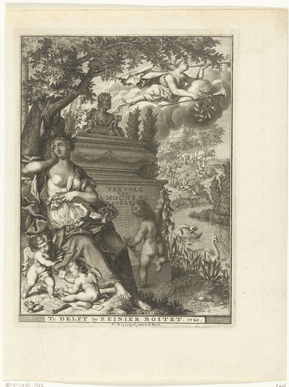 Múza a putti sedí u hrobky básníka Arnolda Moonena Titulní strana pro: Arnold Moonen, Continued der poëzye, Delft 1720 Pokračování A. Moonens Poezy (název na objektu) od François van Bleyswijck