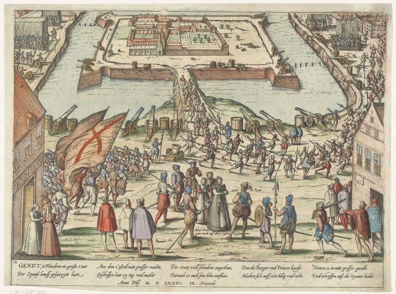 Utekl ze Španělska z citadely v Gentu po obléhání de Statenskou armádou 9. listopadu 1576, vpředu Mondragon a jeho manželka od Frans Hogenberg