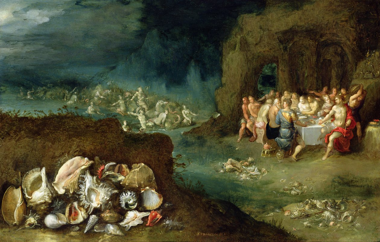 Zátiší z mušlí se svátkem bohů, kolem roku 1615 (olej na mědi) od Frans II Francken the Younger