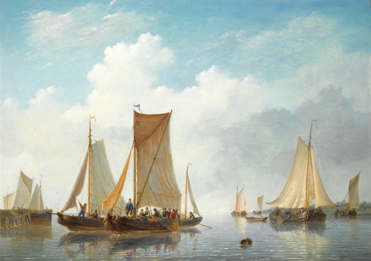 Ústí s loděmi v klidné vodě od Frans Jacobus van den Blijk