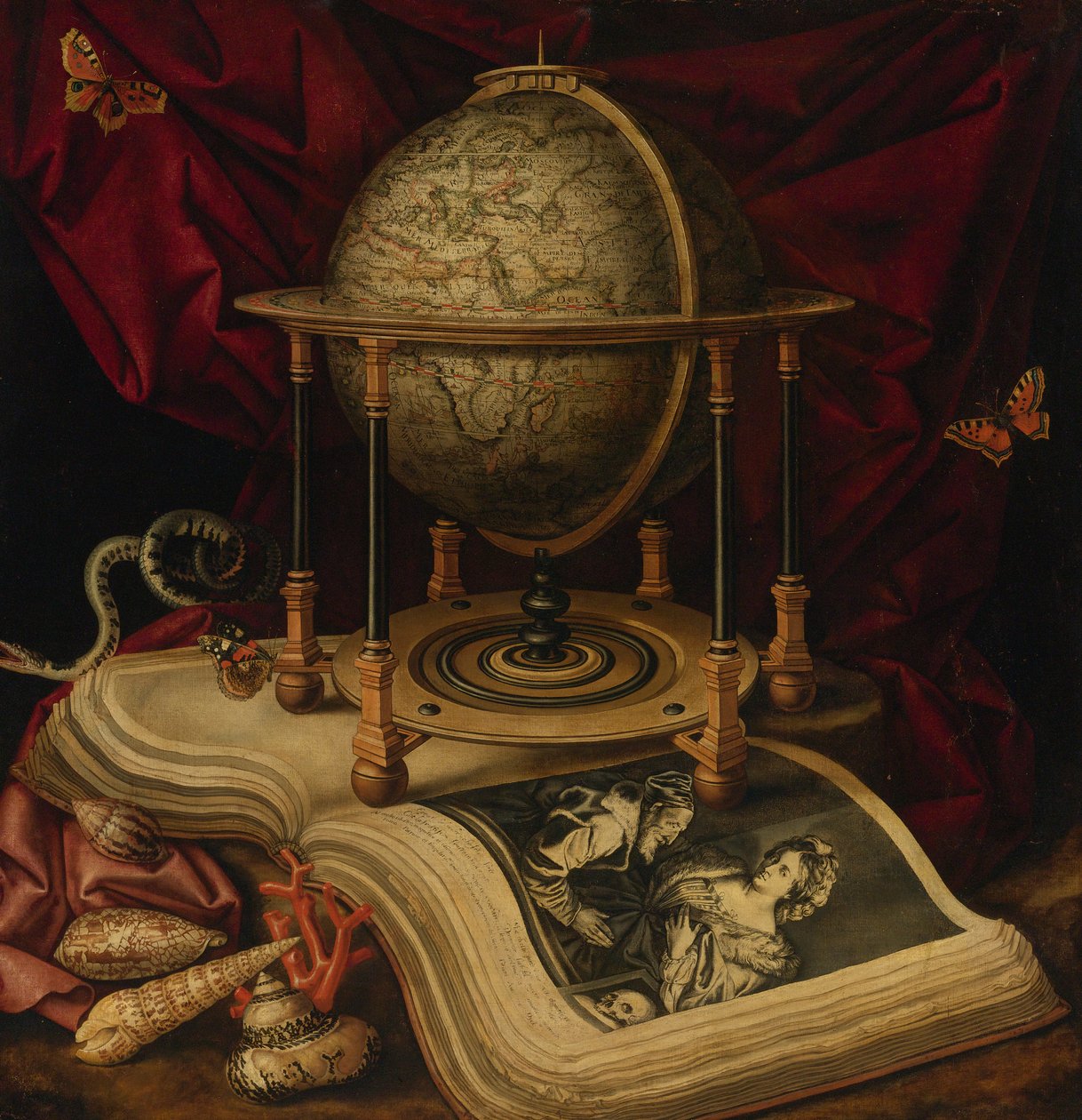 Zátiší Vanitas s nebeským glóbem, knihou, mušlemi, hadem a motýly od Frans Luycx