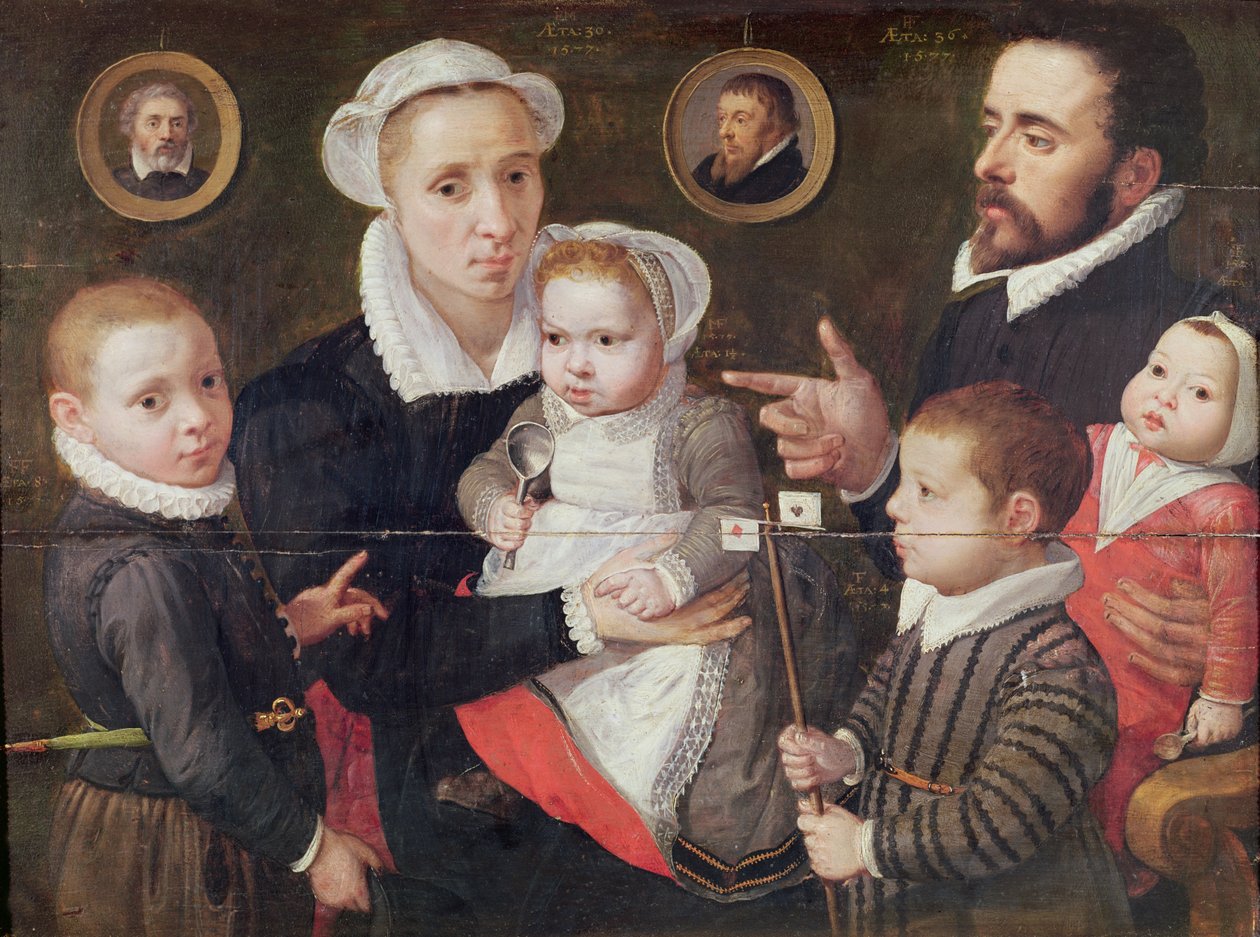 Portrét rodiny: rodiče s dětmi a předky, 1577 od Frans Menton d