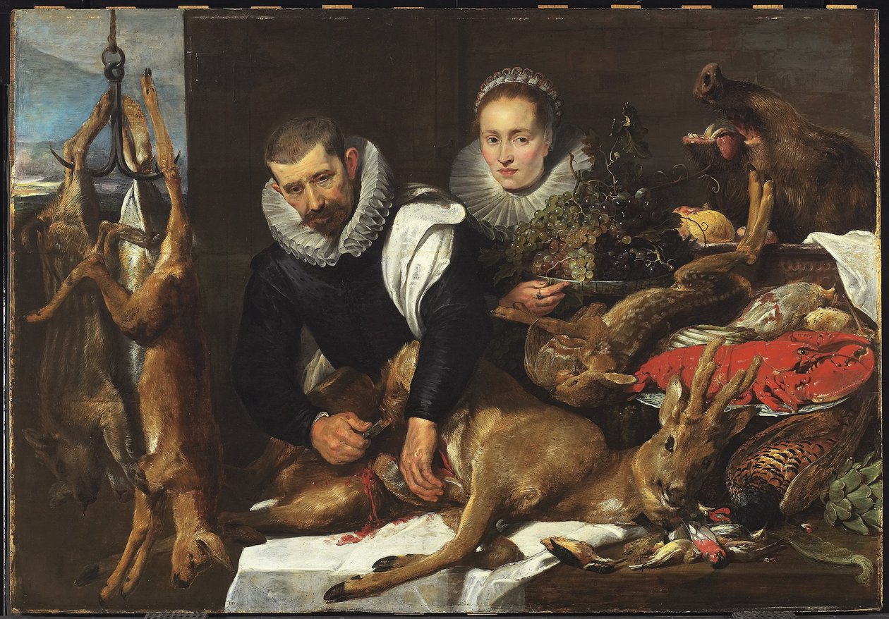 Vykuchání srnce s portrétem manželského páru, kolem 1625 (olej na dřevěné desce v kolébce) od Frans Snyders or Snijders