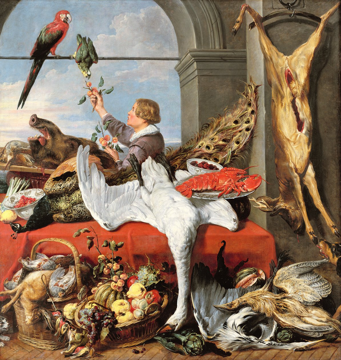 Interiér kanceláře nebo zátiší se zvěří, drůbeží a ovocem, kolem roku 1635 od Frans Snyders or Snijders