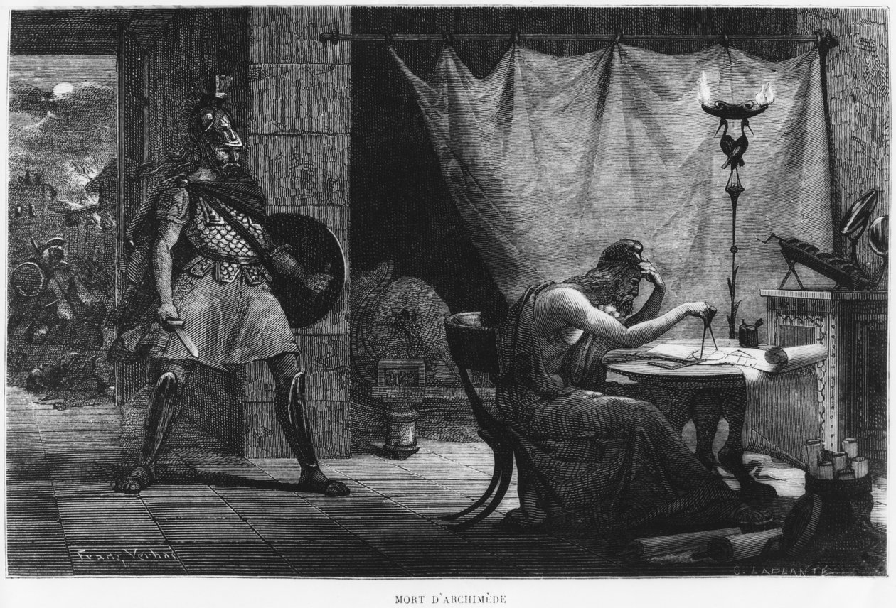 Smrt Archiméda, ilustrace z „La Vie des Savants Illustres“ od Louise Figuiera, vyryto Charlesem Laplantem († 1903) Paris, vydáno 1872 od Jan Frans Verhas