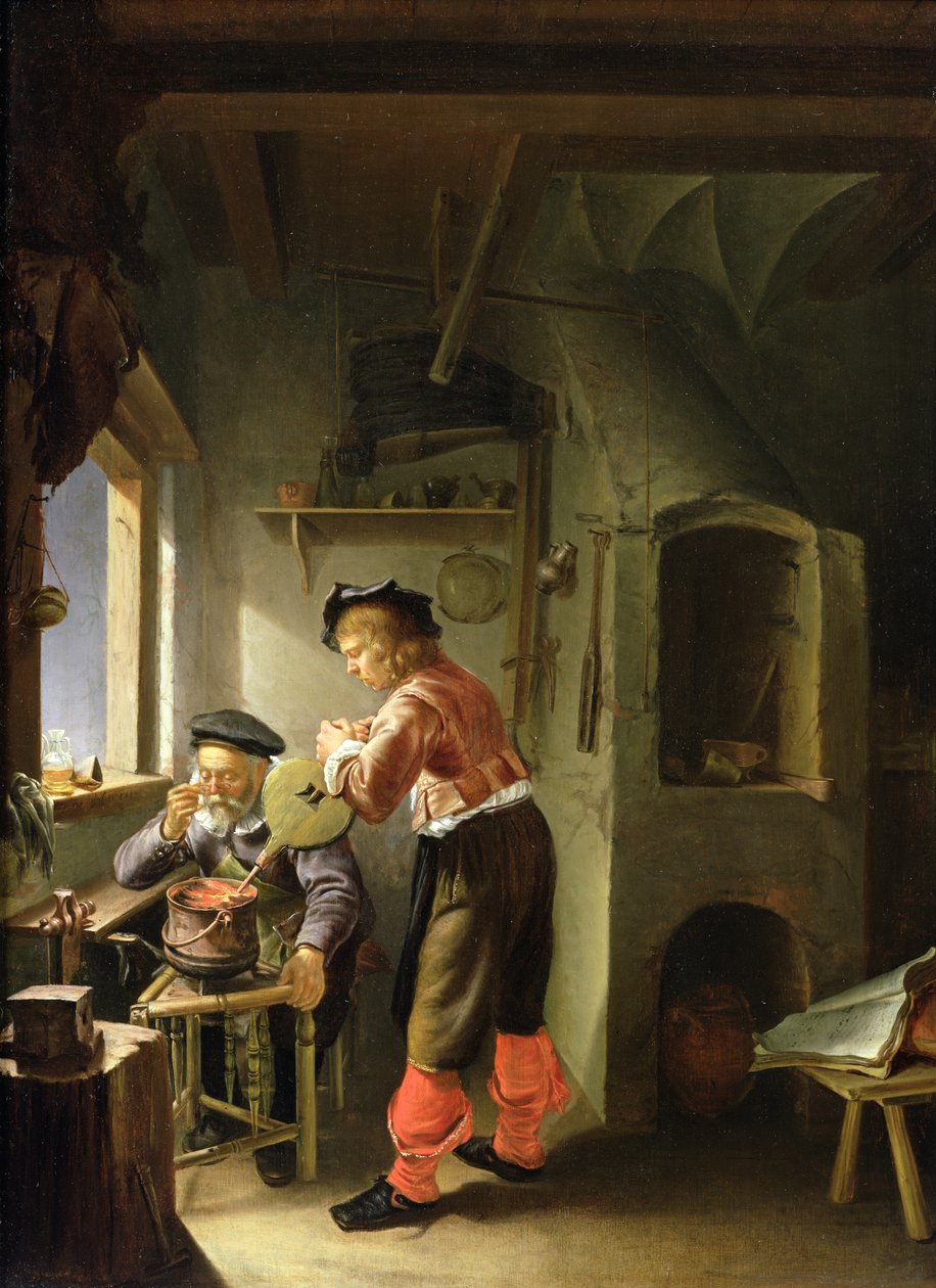 Alchymista a jeho asistent v jejich dílně od Frans van Mieris