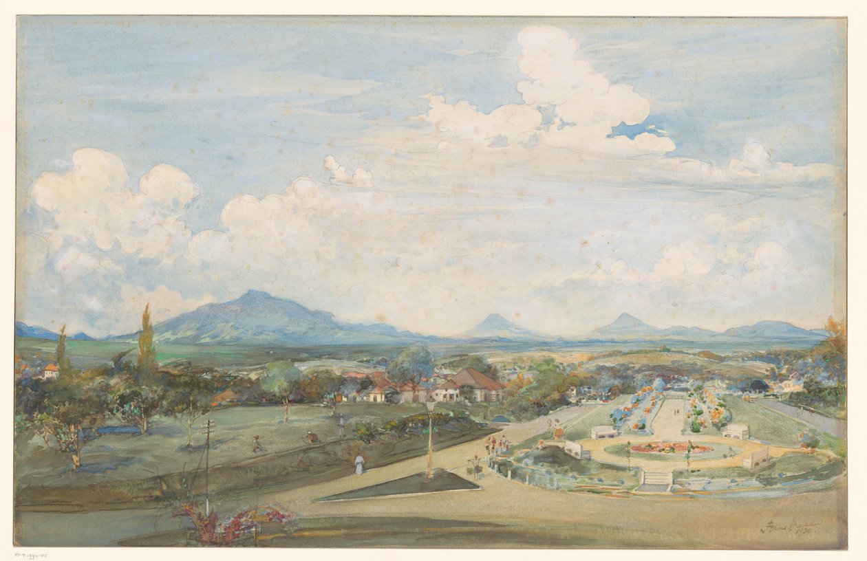 Tillemaplein v Semarangu se sopkami Sindoro a Soembing v pozadí od Frans Bakker (signed by artist)