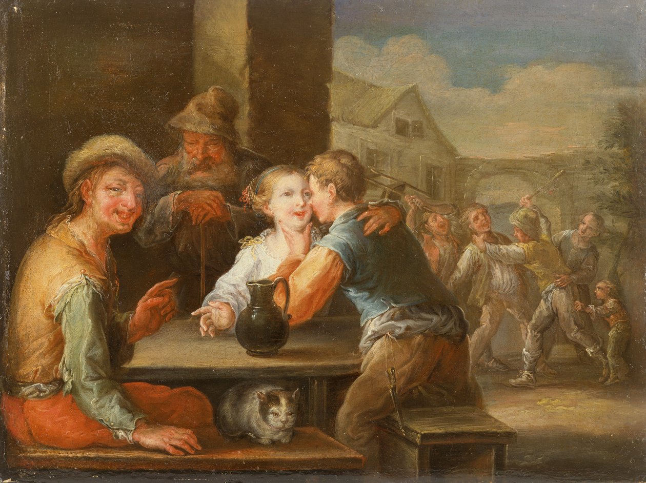Žebrák se směje dvořícímu se páru (olej) od Frans Christoph Janneck