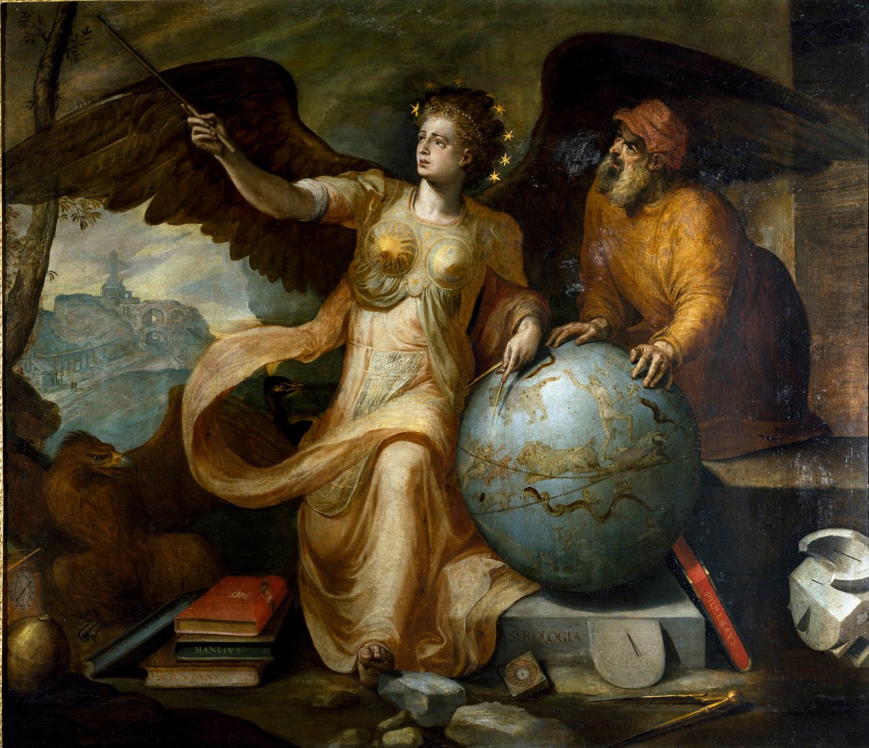 Astrologie. Alegorie a personifikace astrologie s astrologickými nástroji a nebeským glóbem. Obraz Franse Florise (1515-1570). vlámský malíř. Geny, soukromá sbírka. od Frans Floris