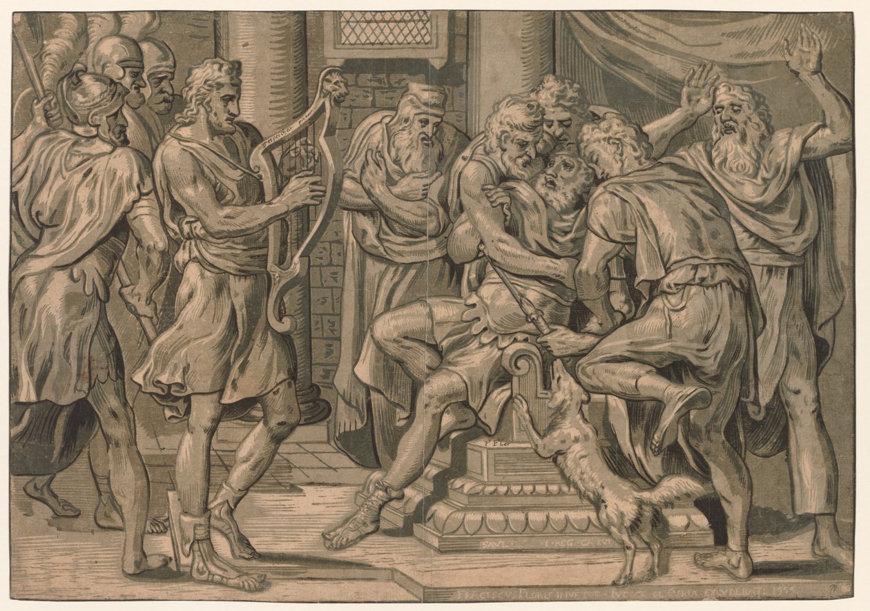 David hraje na harfu před Saulem, 1555. od Frans Floris