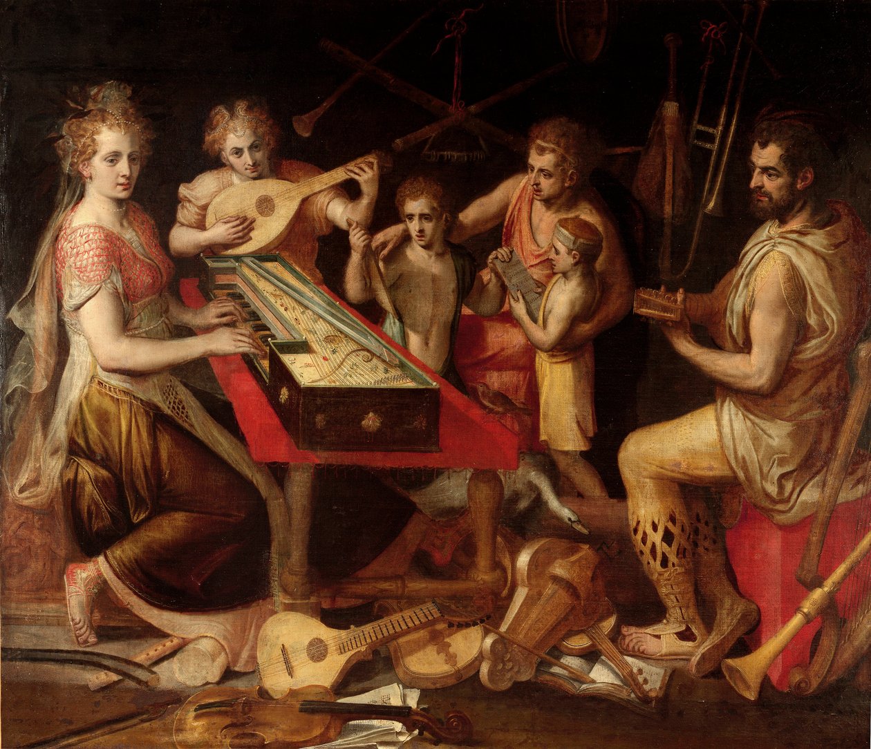 Music Characters vetus má starodávné prostředí hudebních nástrojů tvořících alegorii. Obraz Franse Florise (1515-1570) Genes 16. století, soukromá sbírka od Frans Floris