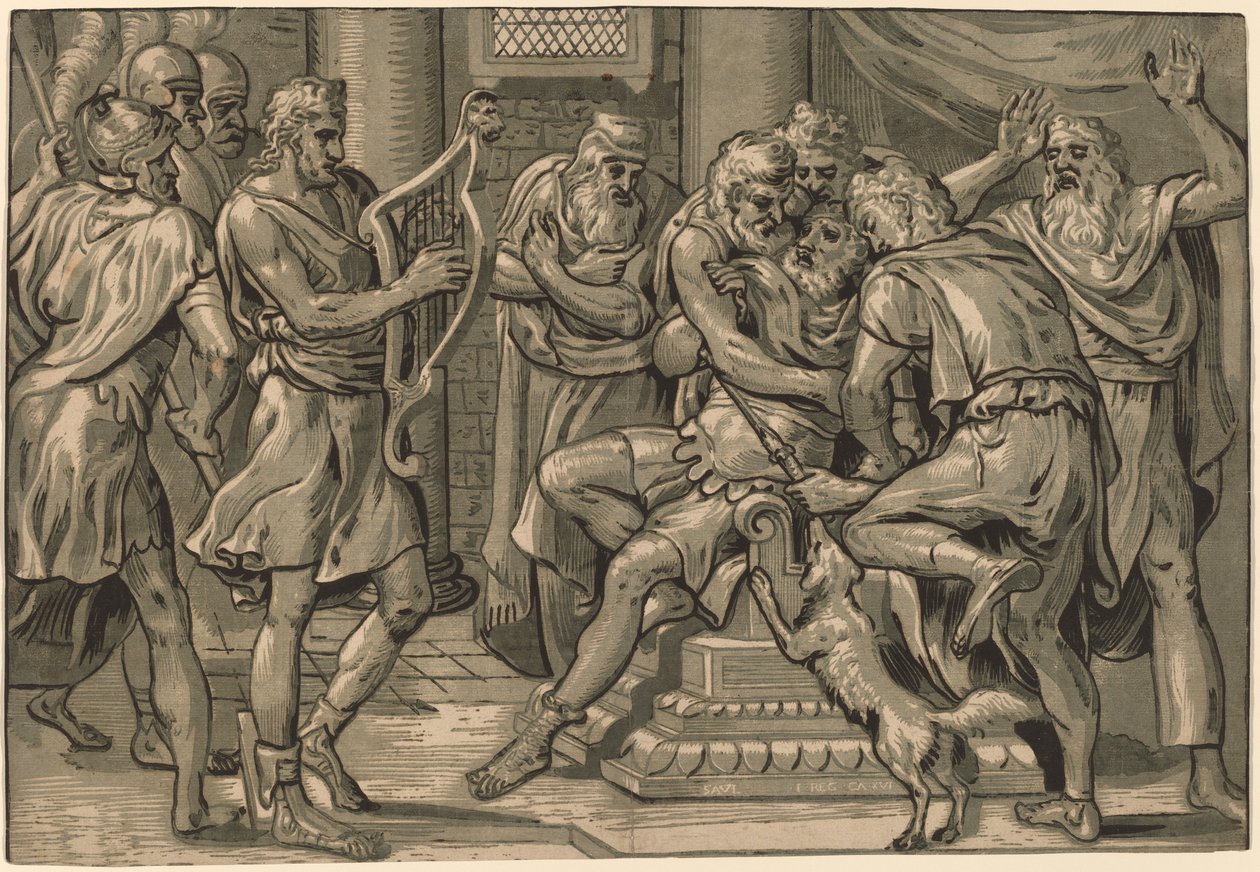 David hraje na harfu před Saulem od Frans Floris I