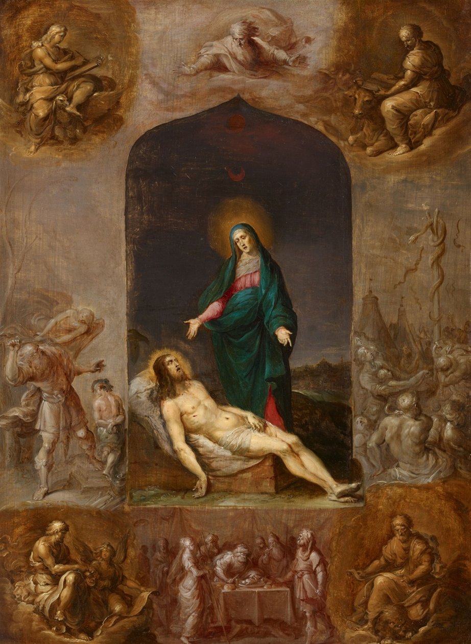 Pieta obklopená grisaily čtyř evangelistů a výjevy ze Starého zákona od Frans Francken the Younger