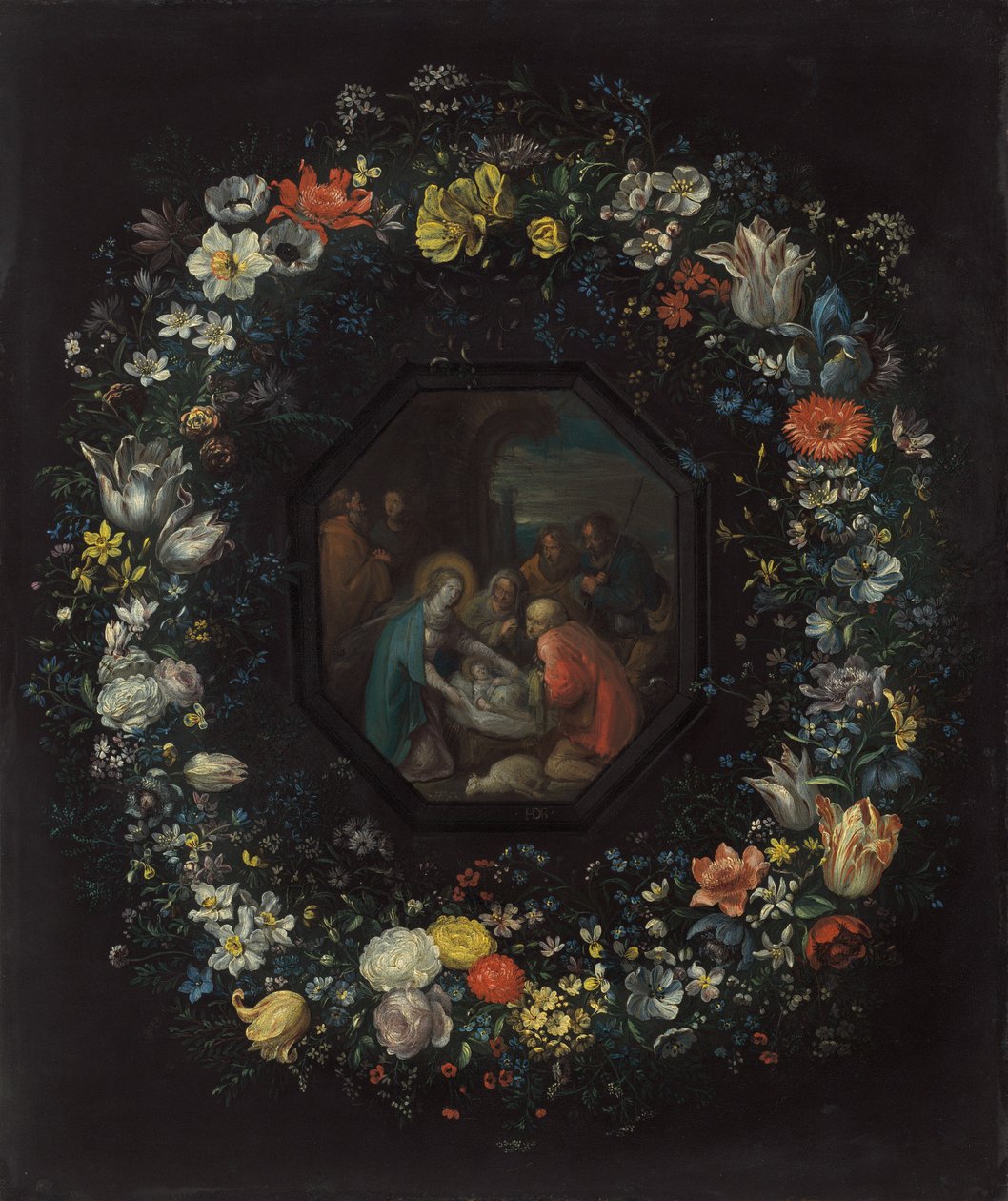 Věnec z květin s Klaněním pastýřů od Frans Francken the Younger and Master HDB